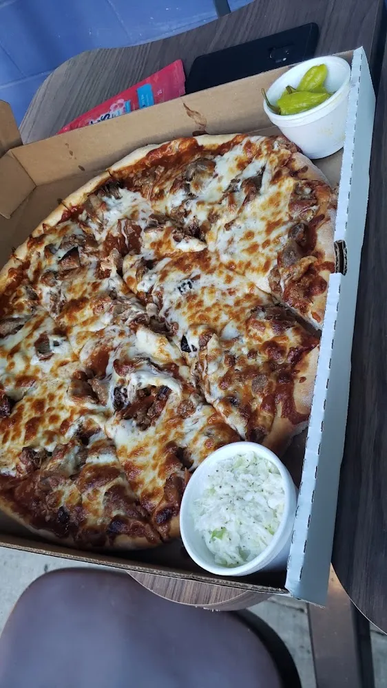 BBQ Pizza with Sides of Slaw and Peppers